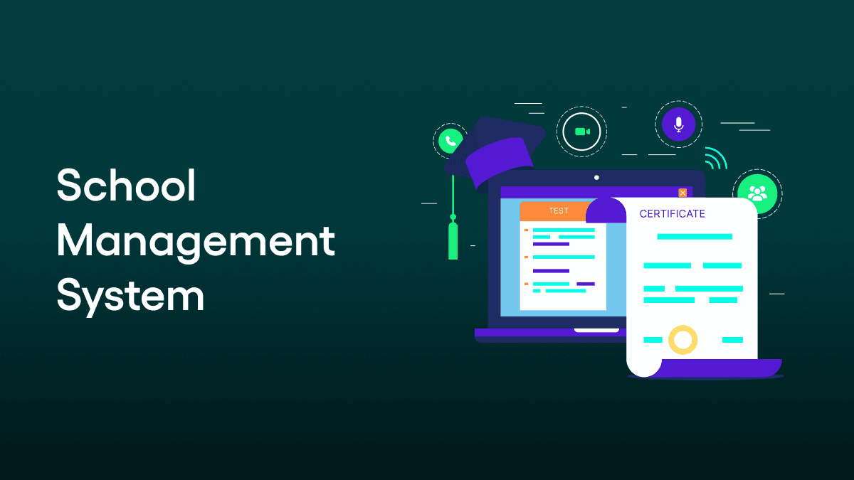 School Management System illustration showing a laptop dashboard, certificate and education icons