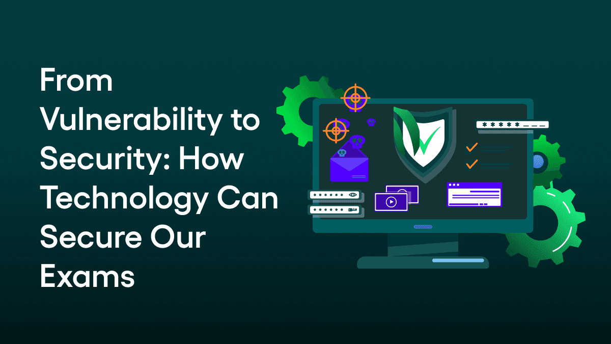 Illustration of a monitor with a security shield: From Vulnerability to Security — How Technology Can Secure Our Exams