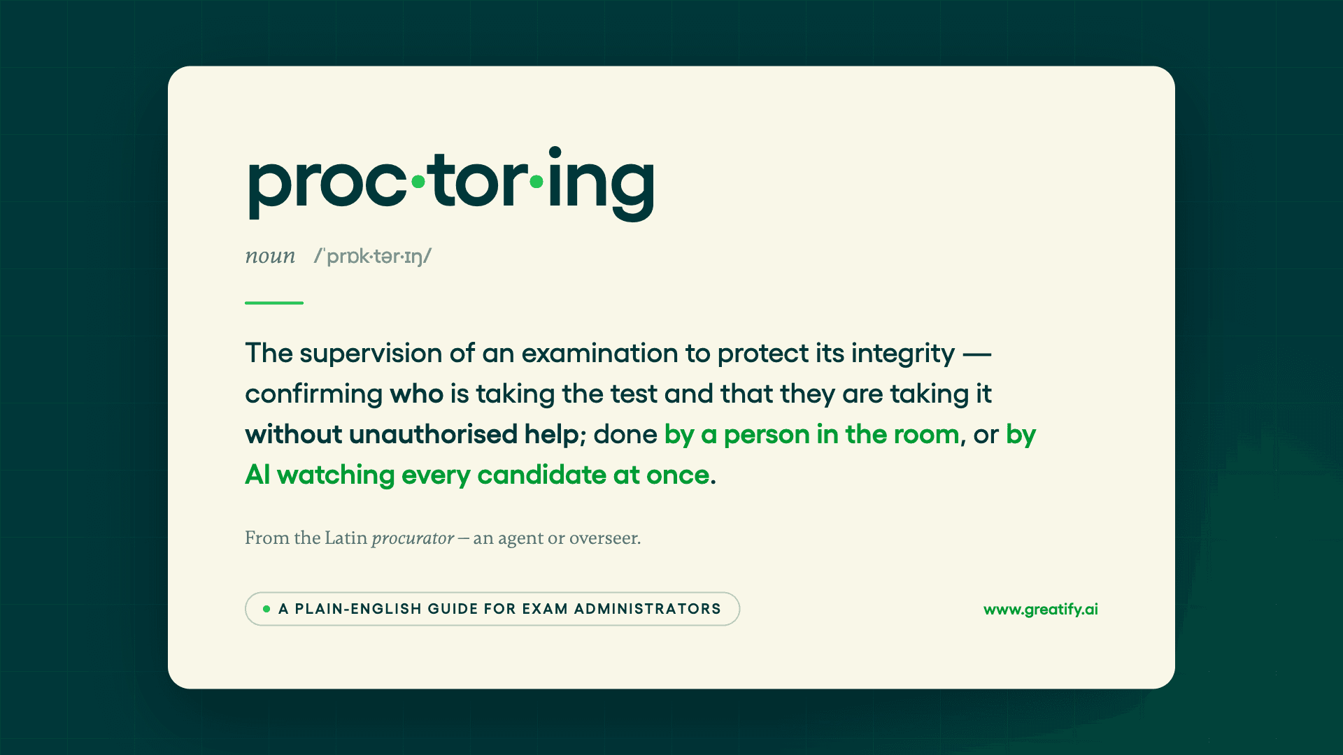 What is proctoring — a dictionary-style definition: supervision of an examination to protect its integrity